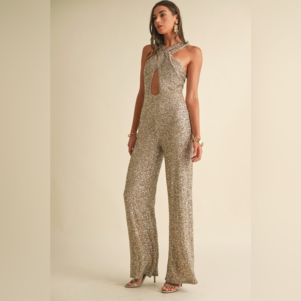 Sequin Halter Neck Cut Out Wide Leg Jumpsuit - EB Luxe - Picture 4 of 7